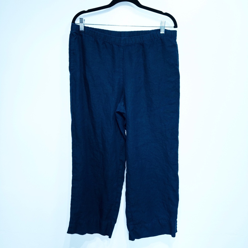 J. Jill Navy Blue Linen Pull On Wide Leg Pants Size Medium - Picture 2 of 9
